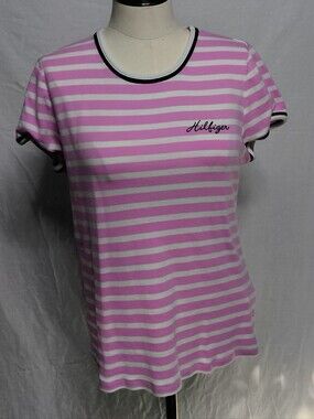 Tommy Hilfiger Pink and White Striped Short Sleeve Tee with Black Trim